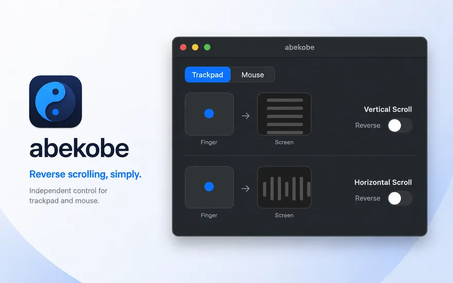 abekobe's menu bar menu with separate reverse toggles for trackpad and mouse.
