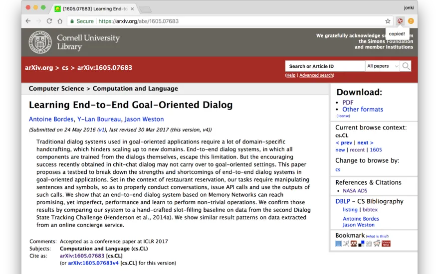 arXiv Clip popup showing a paper's title, authors and link ready to copy.