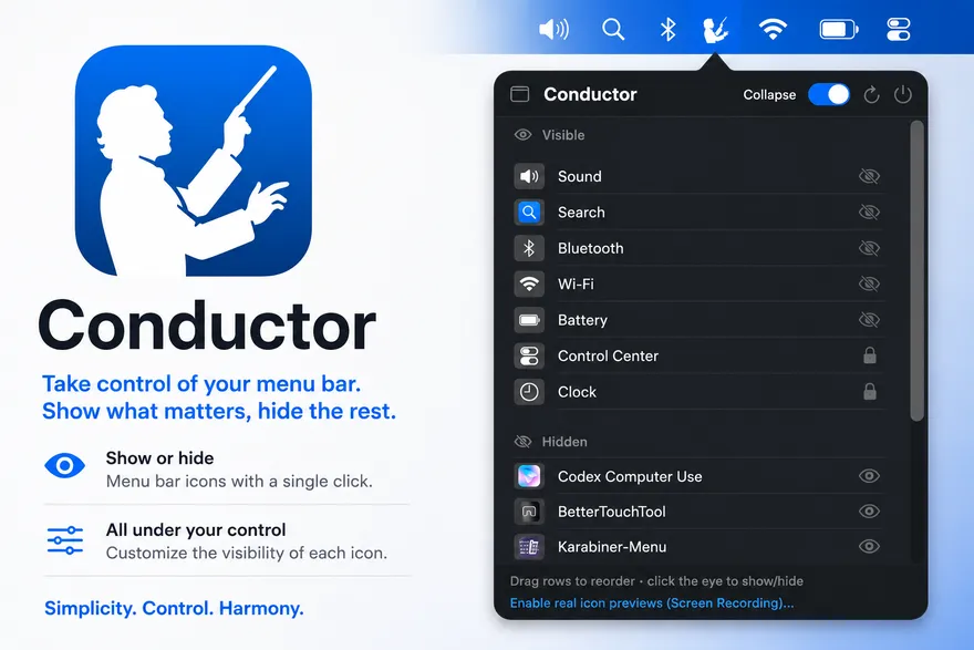 Conductor's popover listing macOS menu bar icons split into visible and hidden.