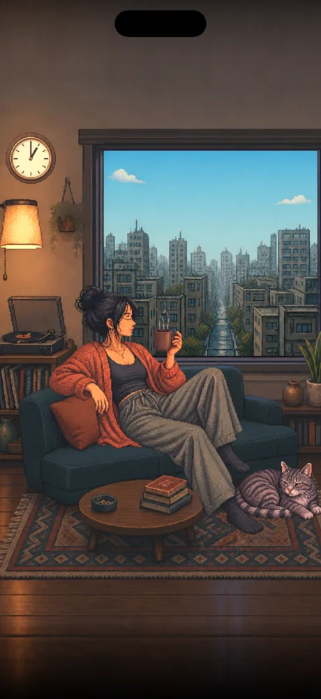 Cosy Hours on iPhone: a pixel-art room where a woman sits on a sofa with a mug of coffee, a cat asleep at her feet and a city in the window.