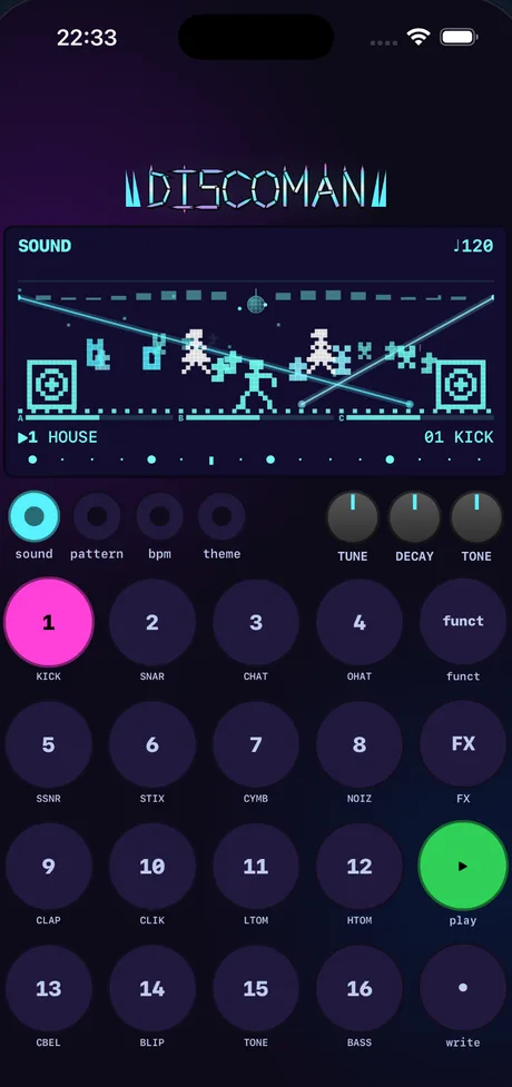 DiscoMan running on iPhone: a pixel-art LCD above a 4×4 grid of drum pads.