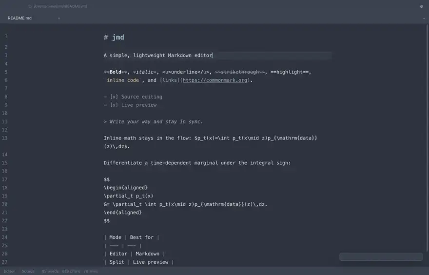 jmd editing a markdown document: source on the left and live preview on the right, then the same text being edited inside the preview, then the theme picker.