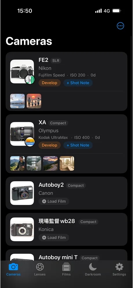 Patora on iPhone: a list of film cameras showing the loaded roll and ISO.