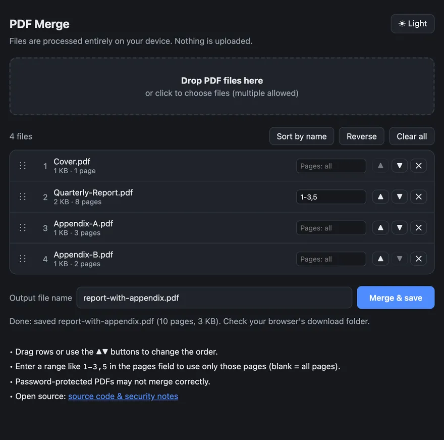 PDF Merge in the browser: four PDFs queued for merging, one cut down to pages 1-3,5, and a finished merge saved as a 10-page file.