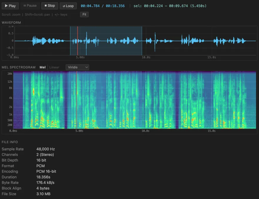 WaveExplorer inside VS Code showing a waveform above a mel spectrogram.